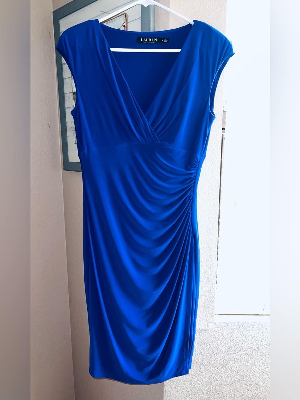 Ralph Lauren Cobalt Blue V-Neck Ruched Midi Dress